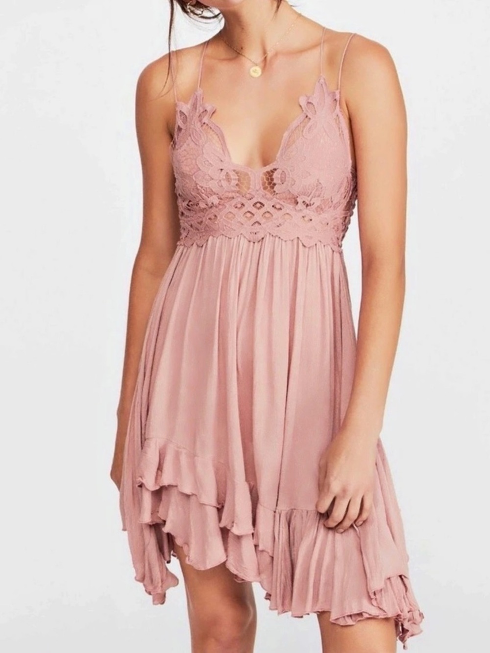 FP One Crochet Lace Boho Pink Rose Slip Dress